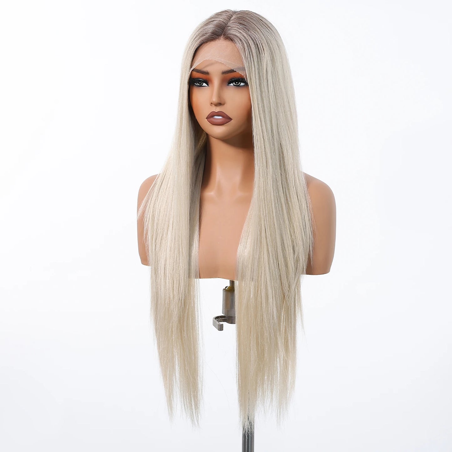 Long White Blonde Hair Wig on a mannequin head against a white background