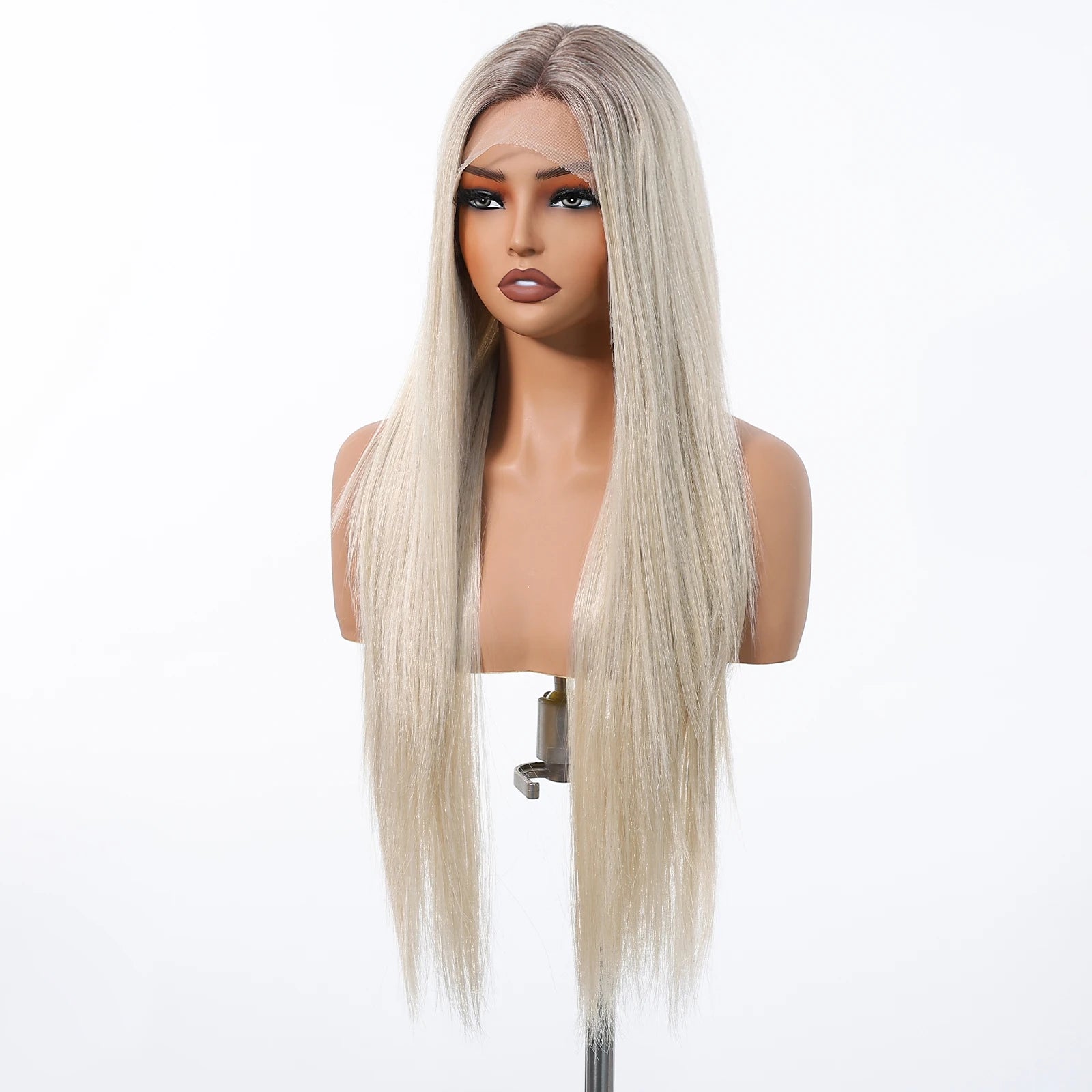 Long White Blonde Hair Wig on a mannequin head against a white background