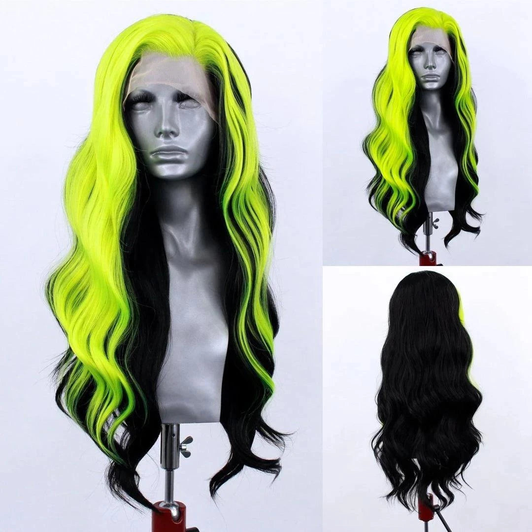 Long black and neon green wavy wig for Halloween and anime cosplay