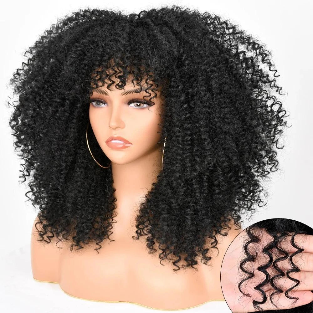 Long black curly synthetic wig with natural texture