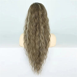 Long wavy hair curly ponytail extension on a mannequin head against a white background