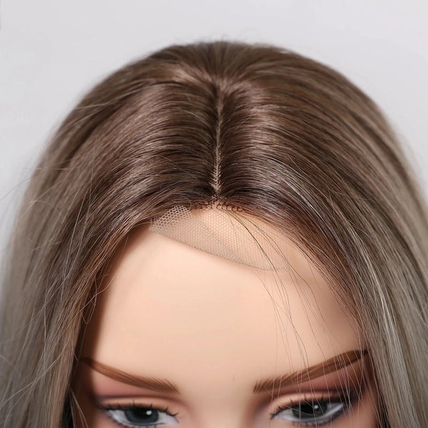 Mannequin head ash blonde synthetic wig on a white background