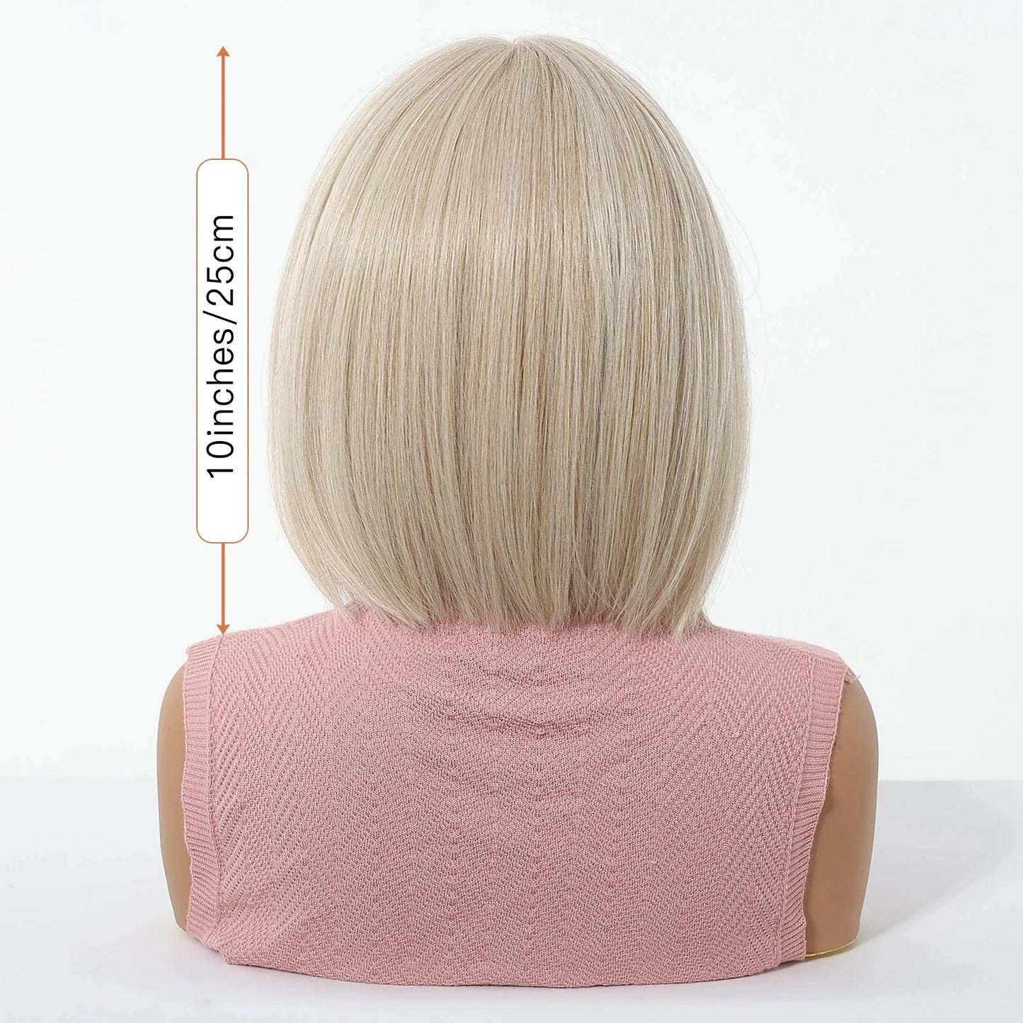Mannequin head with a blonde bob wig with bangs and measurement label on a white background