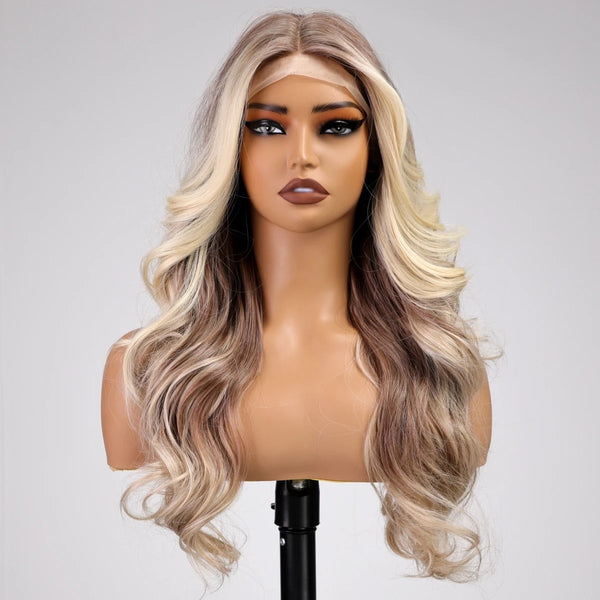 Mannequin head with a blonde wig on a gray background
