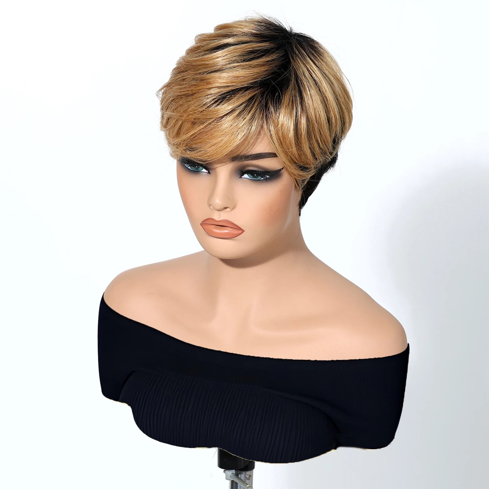 Mannequin head with a blonde wig on a white background