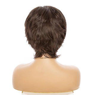 Mannequin head with a brown mullet wig on a white background