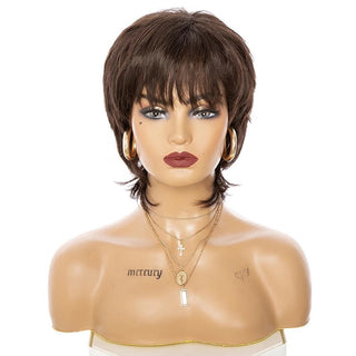 Mannequin head with a brown mullet wig on a white background