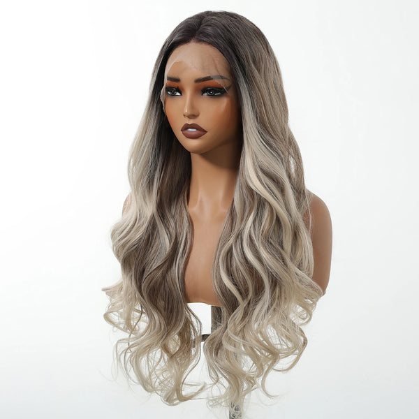 Mannequin head with a gray to blonde ombre wig on a white background
