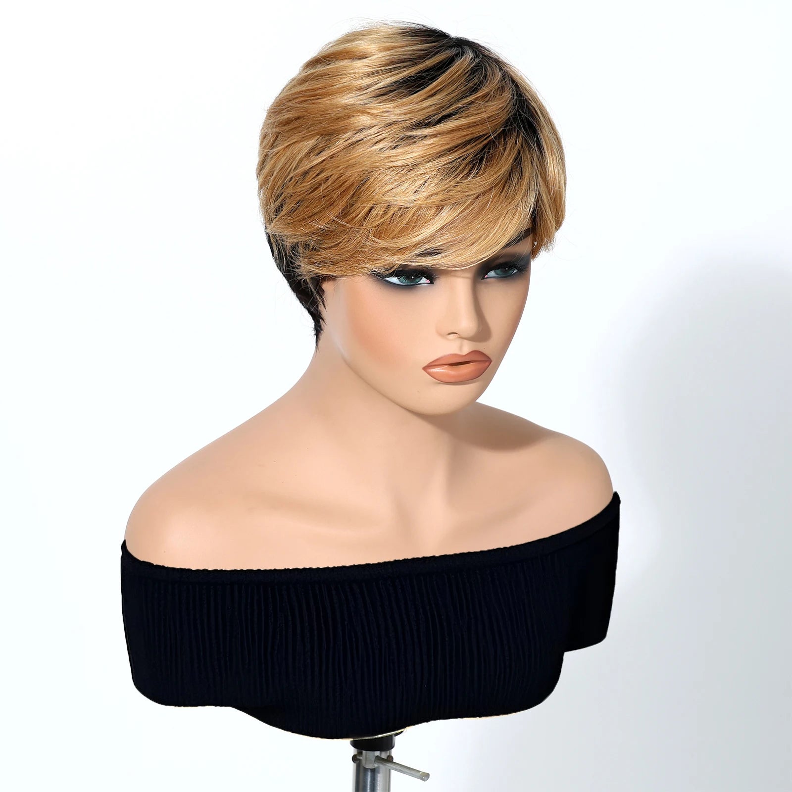 Mannequin head with a short blonde wig on a white background