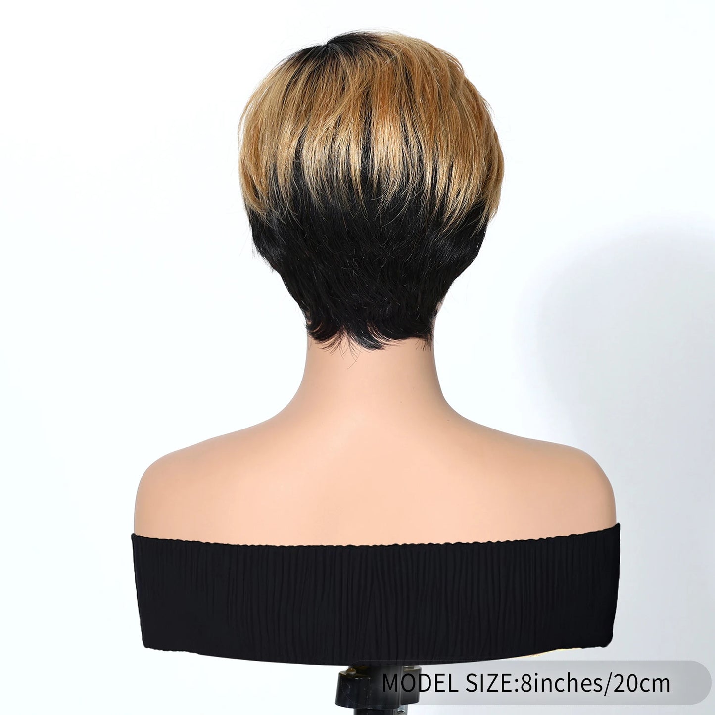 Mannequin head with a short, styled wig on a white background