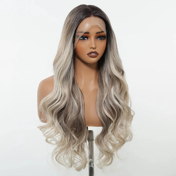 Mannequin head with ash blonde ombre wig on a white background