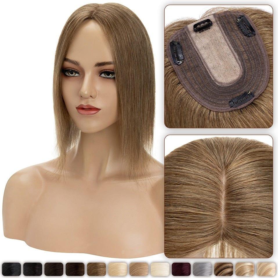 Mannequin head with brown hair topper, close-up of clip, and color swatch.