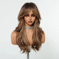 Mannequin head with long brown wavy wig on a white background