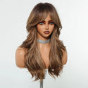 Mannequin head with long brown wig on a white background