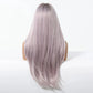 Mannequin head with long, straight, light purple wig on a white background