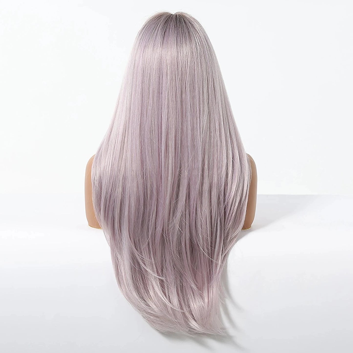 Mannequin head with long, straight, light purple wig on a white background