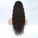 Mannequin head with long, wavy brown ponytail extension on a white background