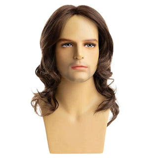 Men’s Brown Wig displayed on wig stand – breathable cap construction