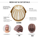 Mesh hat and cap details with labeled features and examples on a white background