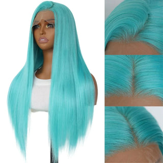 Mint Green Wig on a mannequin head with close-up details of the hairline.