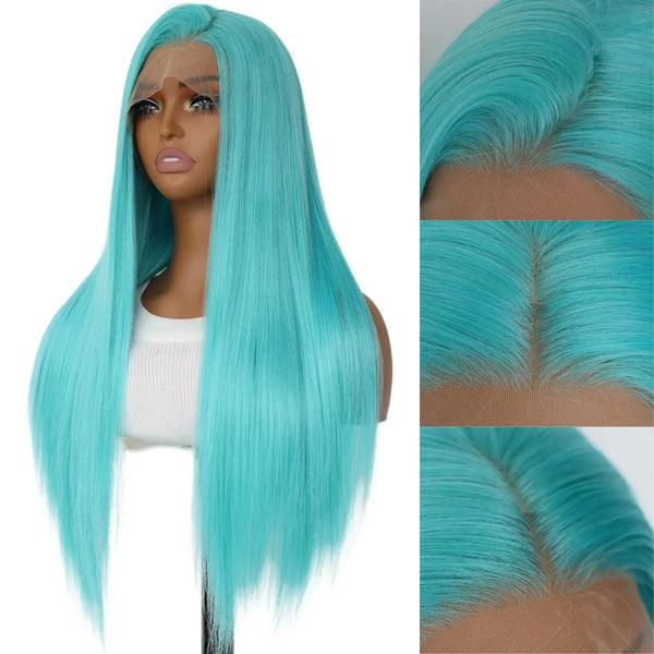 Mint Green Wig on a mannequin head with close-up details of the hairline.