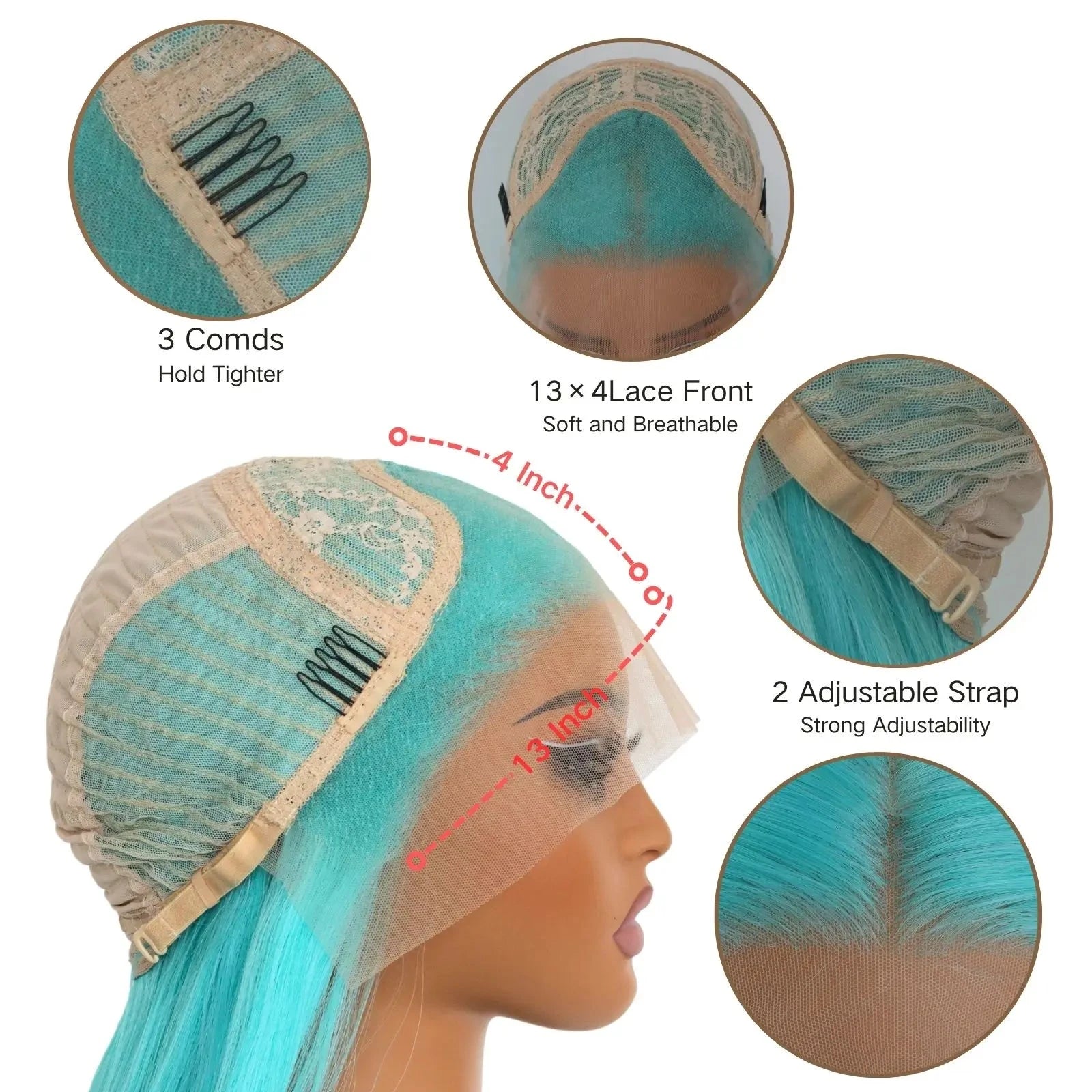 Mint Green Wig with lace front and adjustable strap, showing close-up details on a white background.