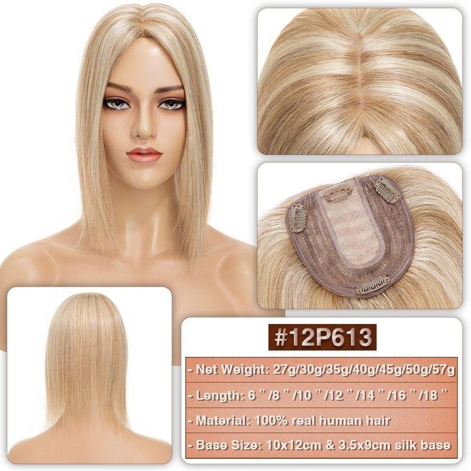Mixed blonde hair topper on a mannequin head with close-up details and product information.