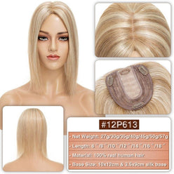Mixed blonde hair topper on a mannequin head with close-up details and product information.