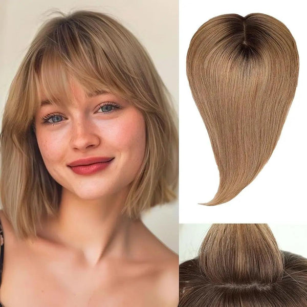 Front view of 10-inch Remy human hair topper in natural light brown