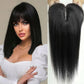 Front view of 14-inch Remy human hair topper in natural black on a model