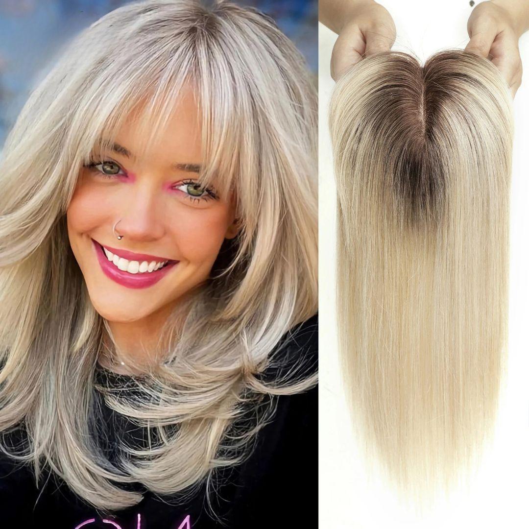 Front view of 14-inch Remy human hair blonde topper with ombre roots on a model