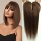 Model wearing Remy hair topper in chestnut brown, showcasing natural hairline and volume