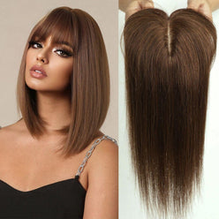 Model wearing Remy hair topper in chestnut brown, showcasing natural hairline and volume