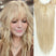 Model wearing Remy hair topper in platinum blonde, showcasing natural hairline and volume