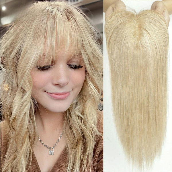 Model wearing Remy hair topper in platinum blonde, showcasing natural hairline and volume