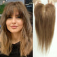 Model wearing Remy hair topper in natural brown, showcasing natural hairline and volume