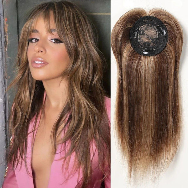 Side view of model with Remy hair topper, highlighting seamless integration with natural hair