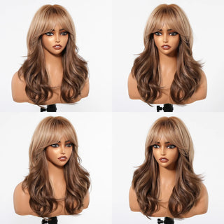Model wearing honey brown bang wig with face-framing blonde highlights and soft waves