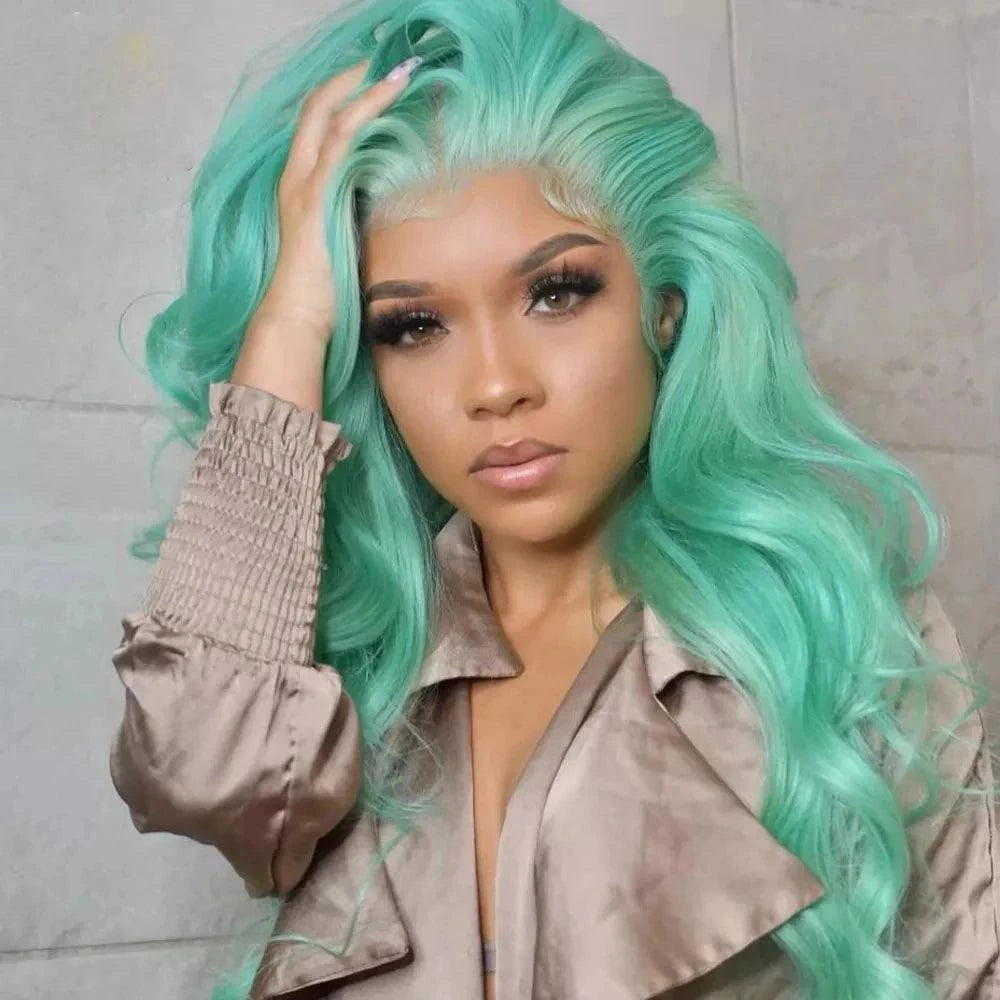 Model wearing a Mint Color Wig