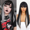 Model wearing black and grey wig with full fringe and straight style