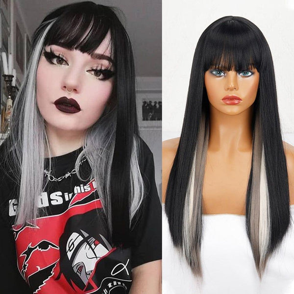 Model wearing black and grey wig with full fringe and straight style