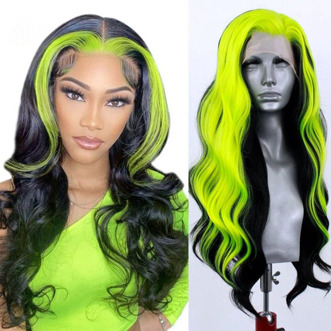 Model wearing black and neon green wig with middle part and lace front