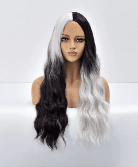 Model wearing black and white cosplay wig – bold half-and-half style