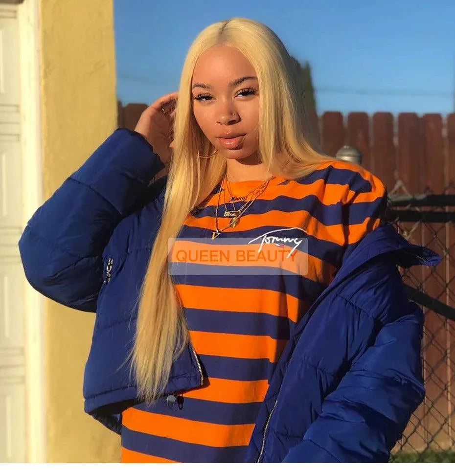 Model wearing blonde full lace wig with baby hairs