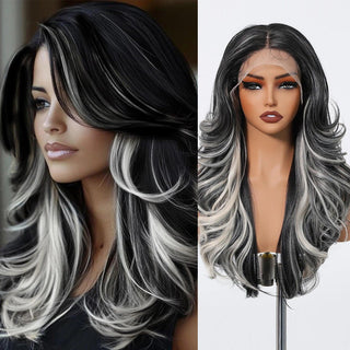 Model wearing long black synthetic wig styled with loose waves