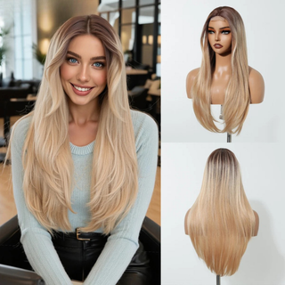 Model wearing long blonde hair wig with lace front