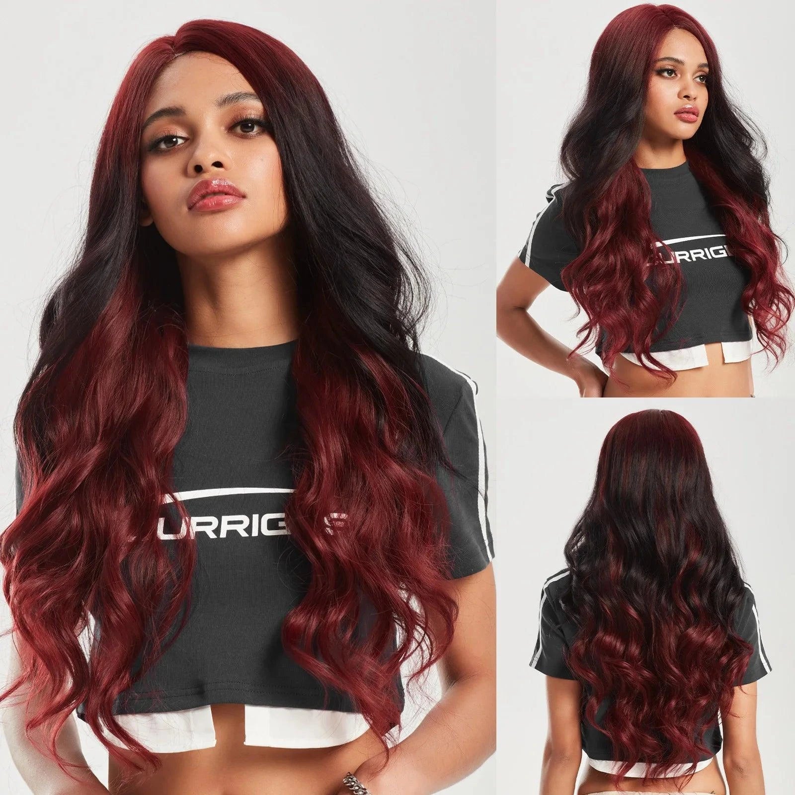Model wearing long red and black ombre wig with soft waves – front view