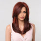 Model wearing long red wig styled straight with feathered ends