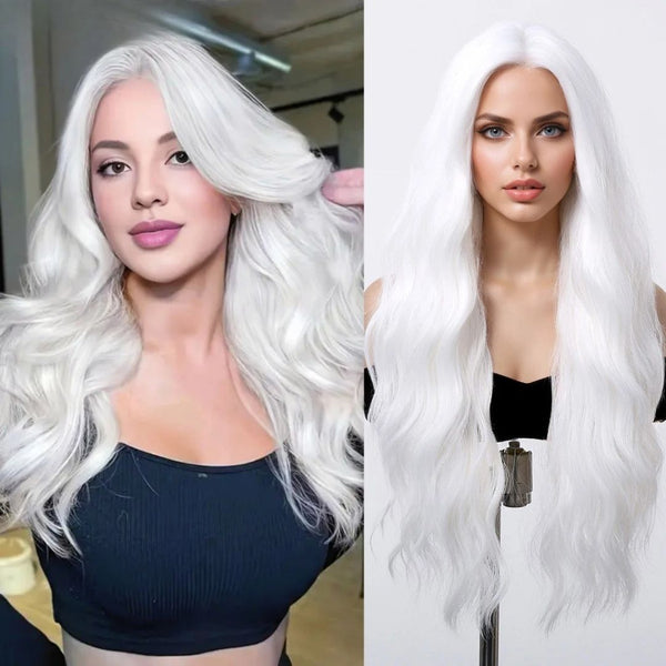 Model wearing long wavy white wig – bleach white synthetic wig styled with soft waves and middle part