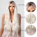 Model wearing natural-looking platinum blonde long wig